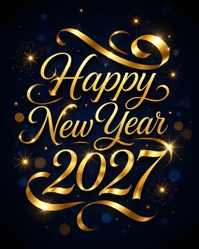 Happy new year 2027 gold calligraphy text with elegant ribbons and glowing sparkles on a dark background for festive holiday greeting cards and celebration banner design