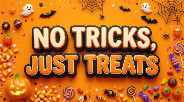 Colorful halloween background with text no tricks just treats surrounded by candy