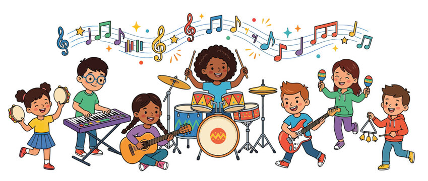 Diverse Children Playing Musical Instruments Together