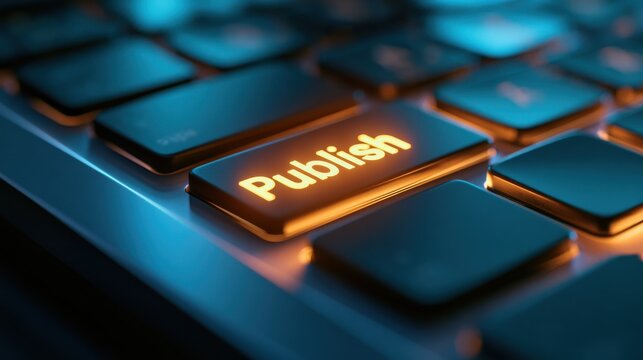 A glowing orange Publish key stands out on a dark computer keyboard with blue ambient lighting. Content management and digital publishing concept for media websites.