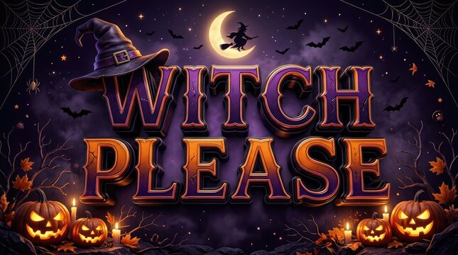 Witch please halloween typography with spooky house silhouettes and glowing pumpkins