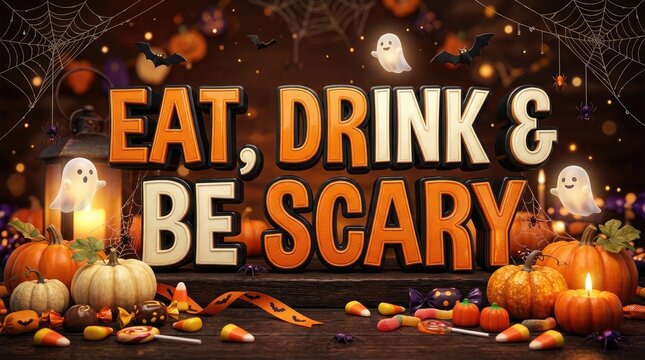 Festive halloween message eat drink and be scary with pumpkins and decorations