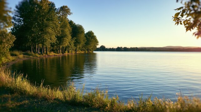 Shoreline trees in late-summer light beside a tranquil blue lake