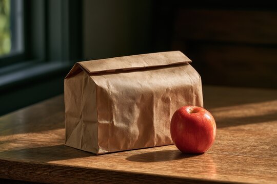 Simple still life: lunch bag and bright red fruit in natural daylight