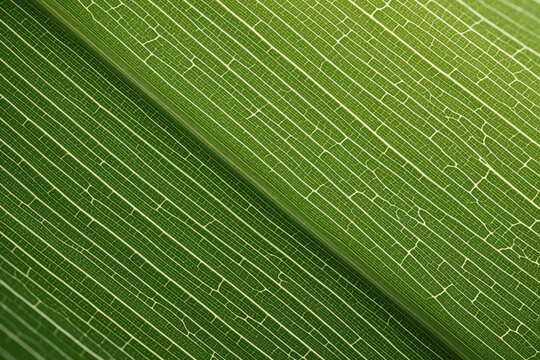 Macro view of parallel veins on green monocot leaf. Detailed plant structure shows intricate network of vascular bundles and cell patterns. Natural background texture for science and botany.