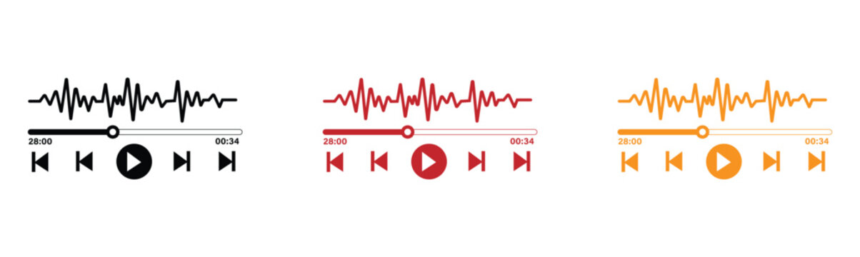 Audio Player Interface Icon Set with Sound Waveforms, Time Stamps, Progress Scrubber Bar, Play, Rewind, and Forward Control Buttons Vector Illustration for Music App UI Design - Black Red Orange