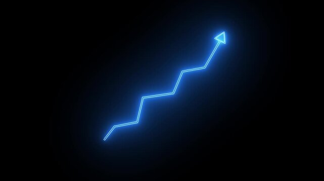 Abstract financial growth graph with glowing blue neon arrow moving up on black background