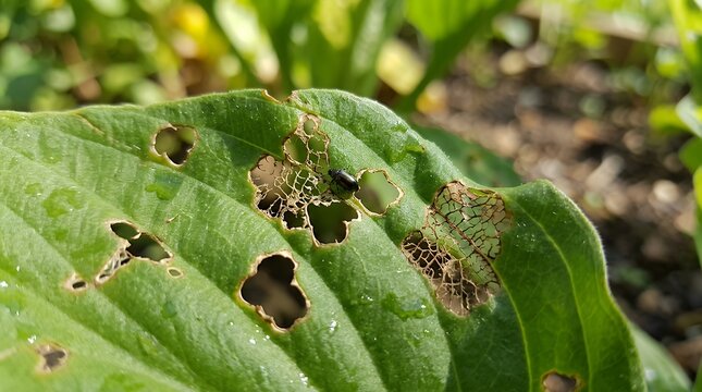 Close Up View of Pest Damaged Garden Foliage Macro photo of vibrant green summer leaves featuring visible insect holes and natural feeding damage from garden bugs leaves foliage insect damage garden