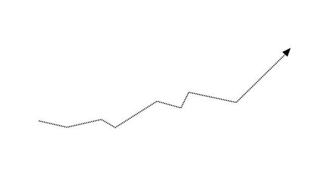 Abstract financial growth graph with dotted black arrow moving up on white background