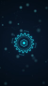 A glowing blue gear animation rotates within a digital plexus field 