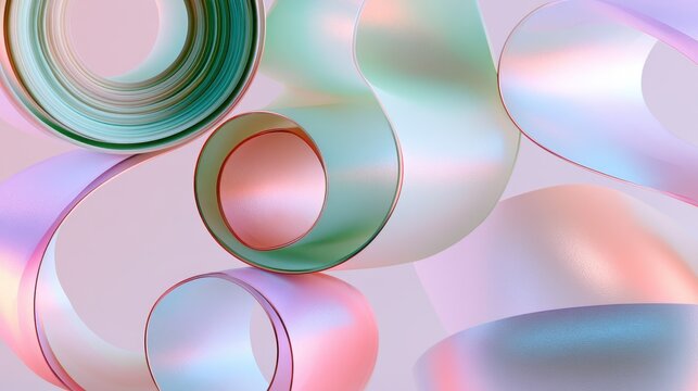 Soft flowing ribbons and curled cylinders in a 3D paper abstraction with gradient lighting for a modern artsy backdrop