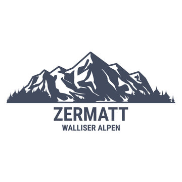 Zermatt, Switzerland, Pennine Alps, sticker with mountains and forest, vector