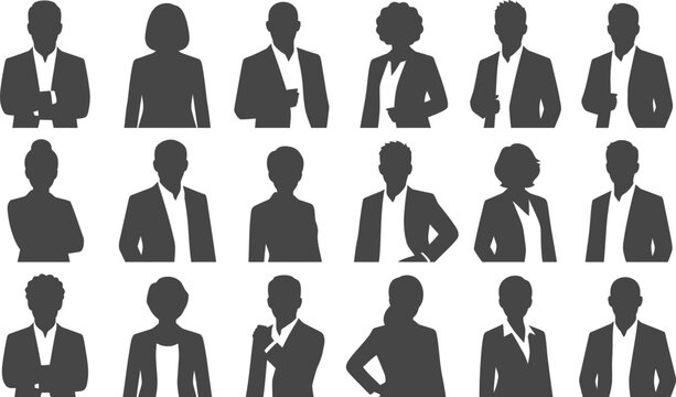 Professional avatar silhouettes, 15 diverse business person profile icons. Minimalist black human head and shoulder vectors for corporate web design.