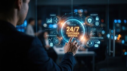 Obraz premium A professional business person interacting with a futuristic holographic display showing twenty four seven customer service and support concept interface