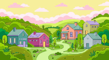 Naklejka premium Cartoon illustration of a vibrant, colorful village nestled among green hills.