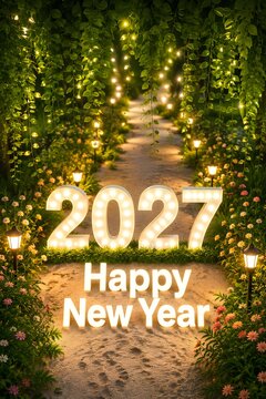 Happy new year 2027 greeting card with glowing numbers on a beautiful garden path decorated with bright fairy lights and green plants in a magical evening atmosphere for celebration