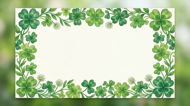 Irish Holiday Shamrock Border Layout Template Festive green four leaf vegetation framing decorative greeting space for spring celebration invitation banner or promotional flyer clover shamrock frame