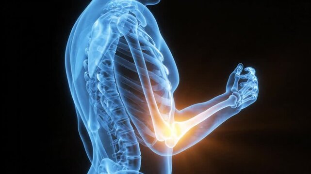 3d medical illustration of a human elbow joint showing pain or inflammation with a glowing orange highlight on a black background