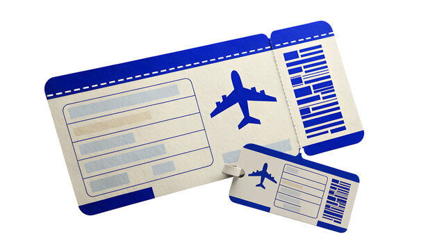 A realistic airline boarding pass paired with a matching luggage tag, isolated PNG, transparent background, modern blue and cream travel design, generic airplane icon, blank editable information areas