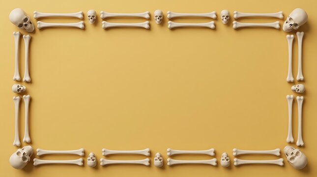 A rectangular frame made of human bones arranged on a solid mustard yellow background