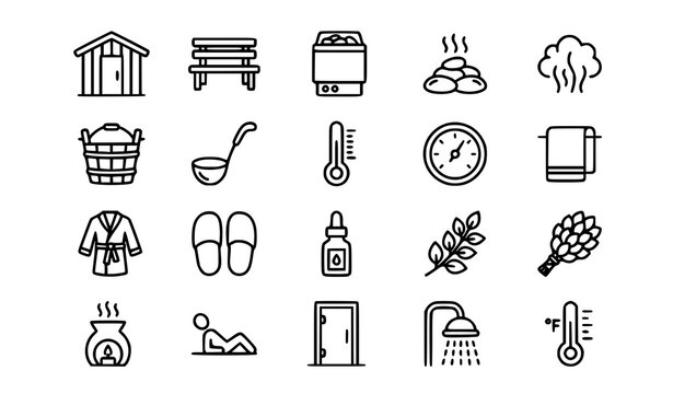 Minimal sauna and steam room editable stroke line icon set featuring wellness relaxation heaters hot stones towels aroma accessories and spa facilities