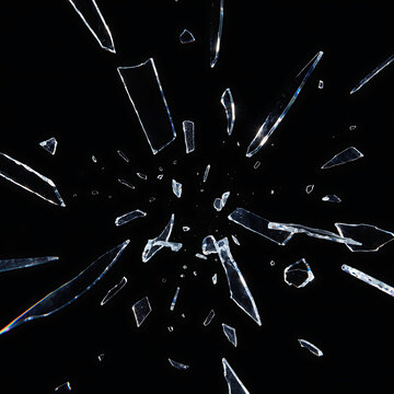 Sharp  broken glass exploding and flying outward isolated on a black background.
