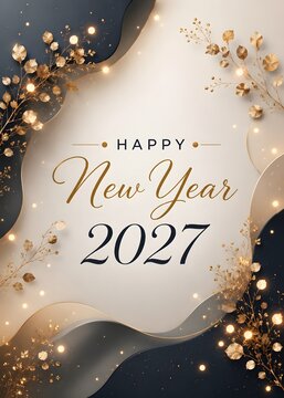 Happy new year 2027 greeting card design with elegant black and gold abstract shapes and glowing festive lights for a luxury holiday celebration party background illustration