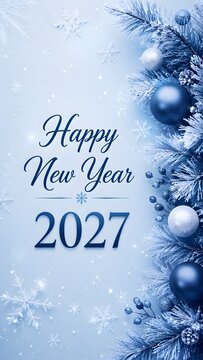 Happy new year 2027 greeting card design with blue pine tree branches and decorative christmas balls on a festive snowy background for seasonal winter holidays and celebrations