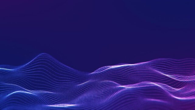Blue and purple dotted particle waves flow across a dark futuristic surface, forming a clean digital background for AI, data, technology and visual design.