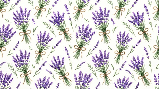 Watercolor Lavender Bouquet Seamless Botanical Pattern Hand painted purple floral pattern featuring lavender flower bundles tied with natural jute string bows for textiles and wrapping paper