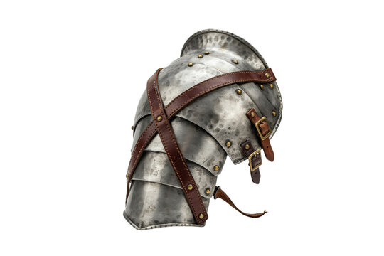 Polished steel medieval pauldron shoulder armor with brown leather straps and brass buckles for historical... isolated on a transparent background