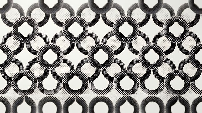 Geometric Linked Circle Halftone Grid Pattern for Modern Branding and Print Media Abstract monochrome layout featuring repeating chained ring elements in a halftone gradient sequence halftone pattern