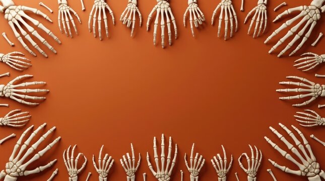 Halloween skeleton hands and bones arranged in a decorative frame on orange background