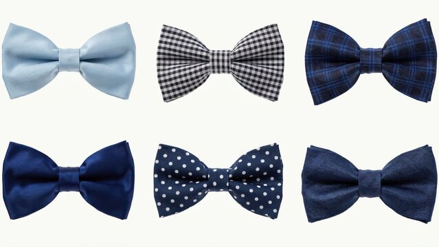 Set of six different blue and patterned bow ties isolated on white background