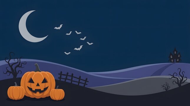 A spooky pixel art halloween scene featuring a jack o lantern with a crescent moon and flying bats