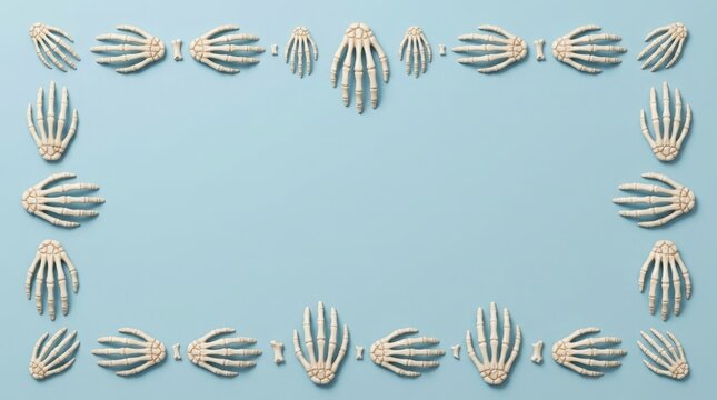 Seashells arranged in a decorative border against a pale blue background