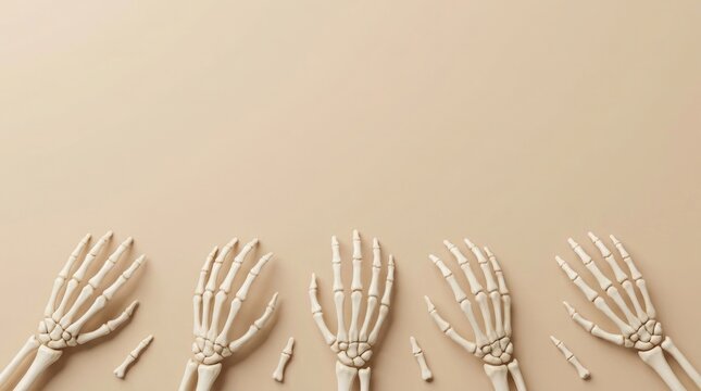 Five skeletal hands and wrists arranged in a row on a neutral background