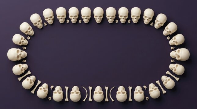 Multiple plaster heads arranged in a circular frame on a dark background