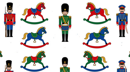 Fototapeta premium Seamless vector pattern with vintage toy soldiers and colorful rocking horses for children wallpaper and wrapping paper design