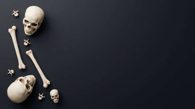 Halloween skeleton playfully posed against a dark moody background with copy space
