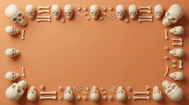 Colorful easter eggs arranged in a frame on a warm orange background