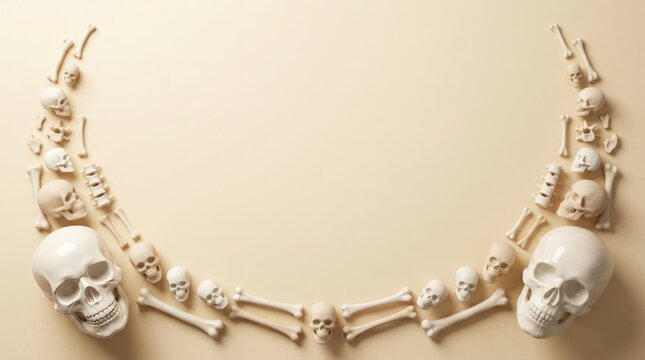 Artistic arrangement of animal bones forming an arch against a neutral background
