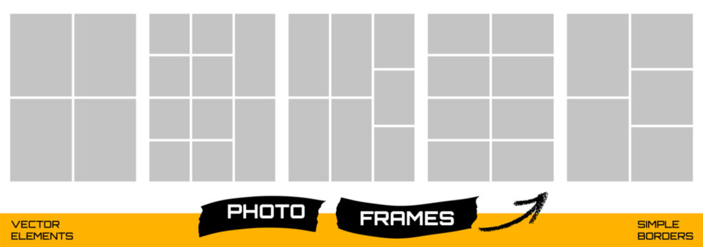 Layout frame set with five modular photo grids and borders. Gray rectangles mix square and vertical picture areas in each frame. Vector layout collection for presentation slide or collage design