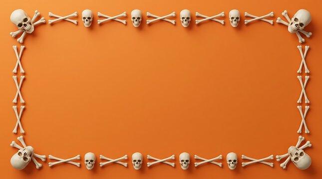 Halloween background with a frame made of human skulls and bones on orange surface
