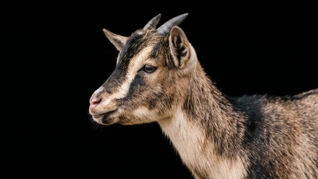 kinder goat close up isolated on black background studio portrait in united states video