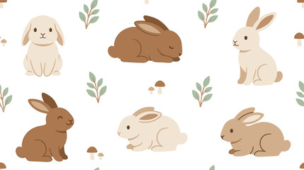 Naklejka premium Cute cartoon rabbit seamless pattern vector with brown and beige bunnies, leaves, and mushrooms for nursery wallpaper and textile design