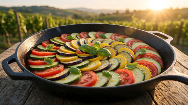 Colorful ratatouille with zucchini, eggplant, and tomato in cast iron skillet, vineyard at sunset