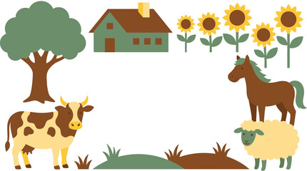 Fototapeta premium Farm scene vector illustration with cow horse sheep house tree and sunflowers