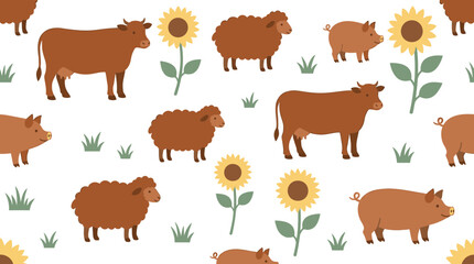 Fototapeta premium Seamless pattern with cute farm animals and sunflowers in flat vector style
