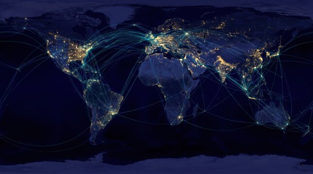 Detailed world map flat projection illuminated with glowing city light networks